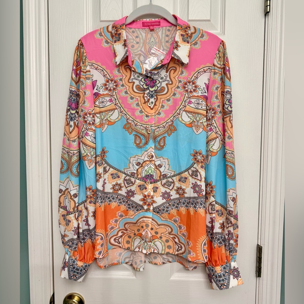 Flying Tomato Back To You Woven Button Up Top Paisley Long Sleeve Women Size M
